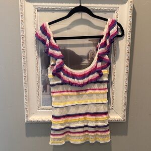 Sezane Striped Ruffle Scoop Tank Top - White, Pink, Purple & Yellow